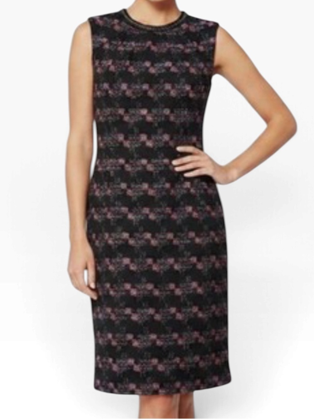 Trina Turk "Goodnight Tweed" Black with Pink Blue Detail Sheath Dress 10